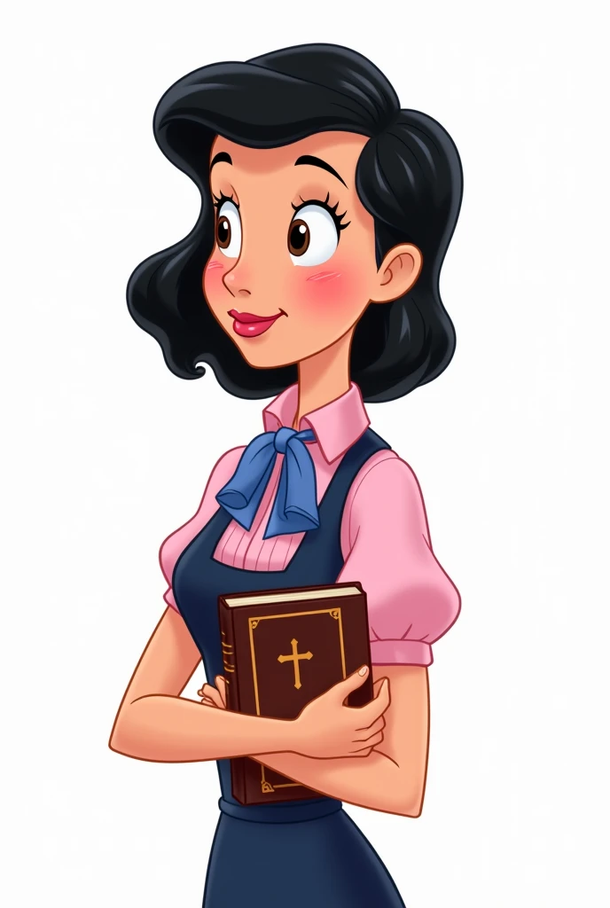 Disney cartoon image of a woman in a navy blue skirt, pink blouse with blue bowtie, semi-short black hair with a bible in his hand with a white background