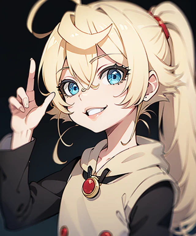 listen、blonde hair、toothy smile、point finger、