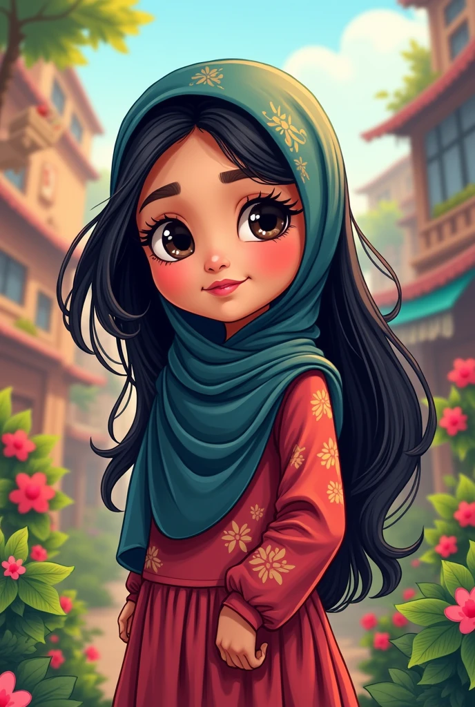 An cartoon image of black long haired, black eyed Bangladeshi hijabi girl