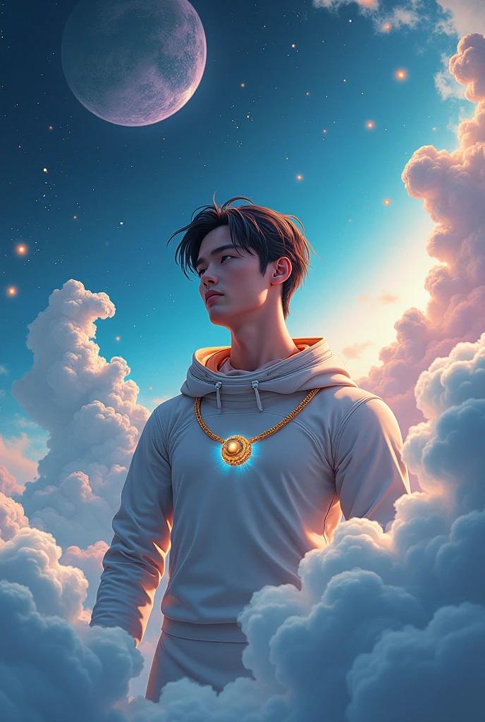 Create a poster for the release of a song CLOUDS with space stuff and a male astronaut with a gold necklace with a shiny ball and curly clouds