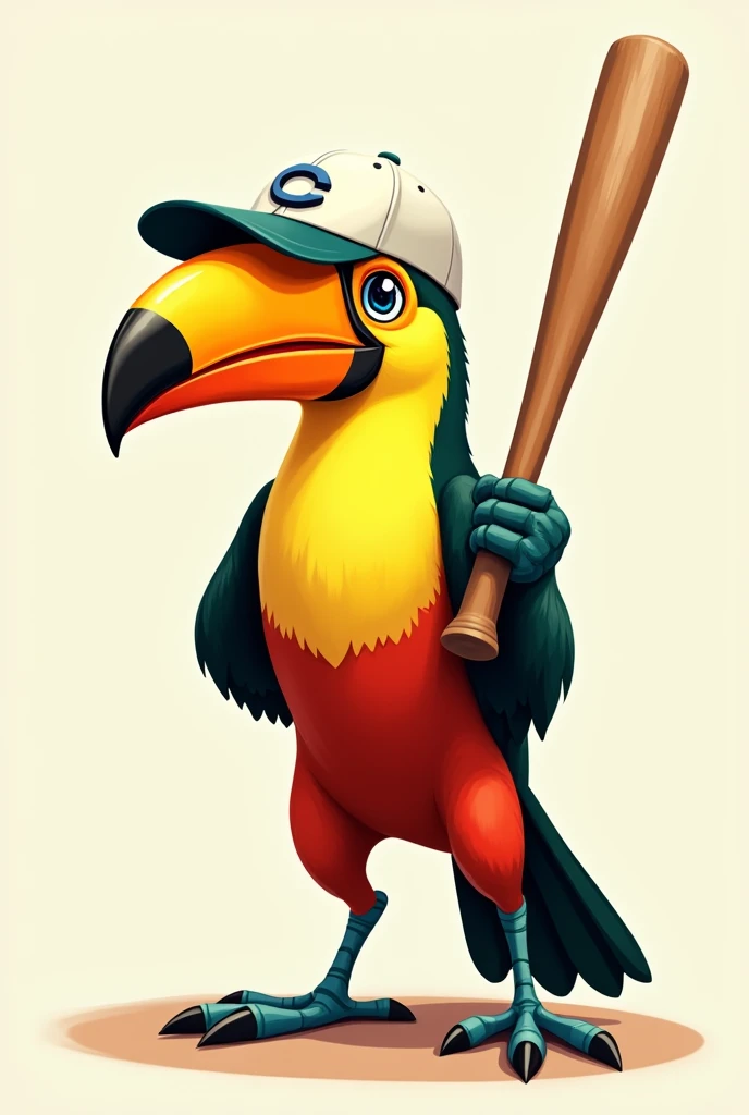 A tucan with baseball bat and hat