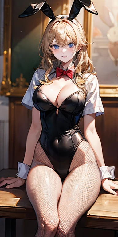 ((highest quality,8K,T Masterpiece:1.3)), sharp focus:1.2,cute woman with perfect shape:1.4,(((((huge cleavage))),( huge breasts:1.5),straight hair,(huge hips),smile,slender abs:1.2,((Beautiful golden hair,:1.4)),Highly detailed face and skin texture,detailed blue eyes,double eyelid, (wear white school uniform top over black playboy_bunny leotard:1.3), (collar with lock:1.2), (fake animal ears), (Parted clothes at the top and bottom:1.2), (short sleeves:1.1), (red BunnyGirl Costume:0.8), (fishnet stockings:1.2), High heels, (rabbit_tail:1.2),