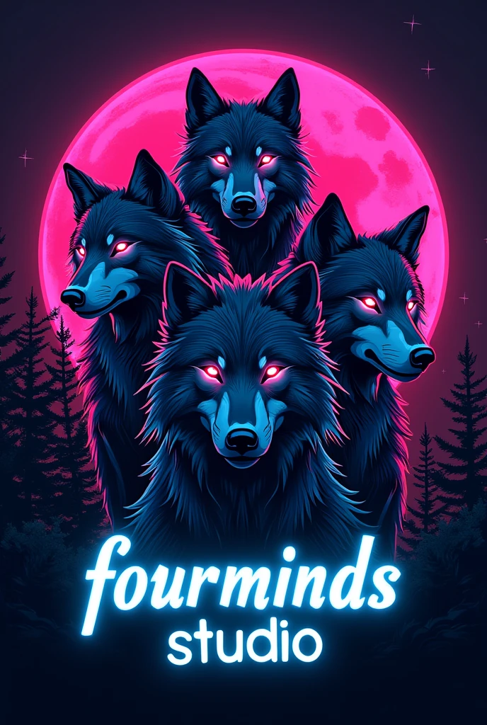 Four wolves in a neon-colored logo and that says FourMindsStudio in a blue neon. The perfect name was missing, just as blue as a wolf. Now with the name, the letter with a different style, more urban, much more streetwise. Put some style into it, I don't like it.