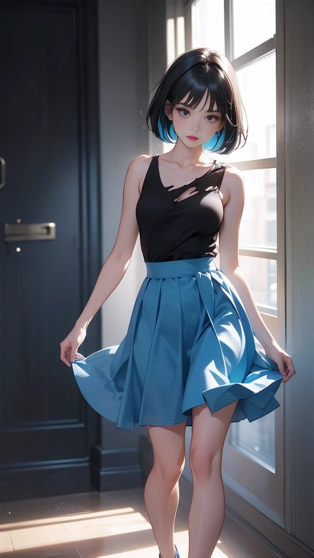 (Center of chest, Tomboy,)),, (Perfect body ), Illustration of a girl with black bob hair,She has straight, shiny black hair、short bobcut hair style。 、A woman in a grey top and blue skirt poses for a photo, Full body cute young woman, Slim photos, Narrow waist, Long skirt, with a Narrow waist, Wearing a tank top and skirt, Narrow waistと太いヒップ、 (Torn clothes:1.3)((Very detailed CG 8k 壁紙), (Very delicate and beautiful), (masterpiece), (Highest quality:1.0), (ultra High resolution:1.0), Beautiful lighting ,Perfect Lightning, Realistic Shadows, [High resolution], Detailed skin, Very detailed (((colorful))),High Reality, ,
