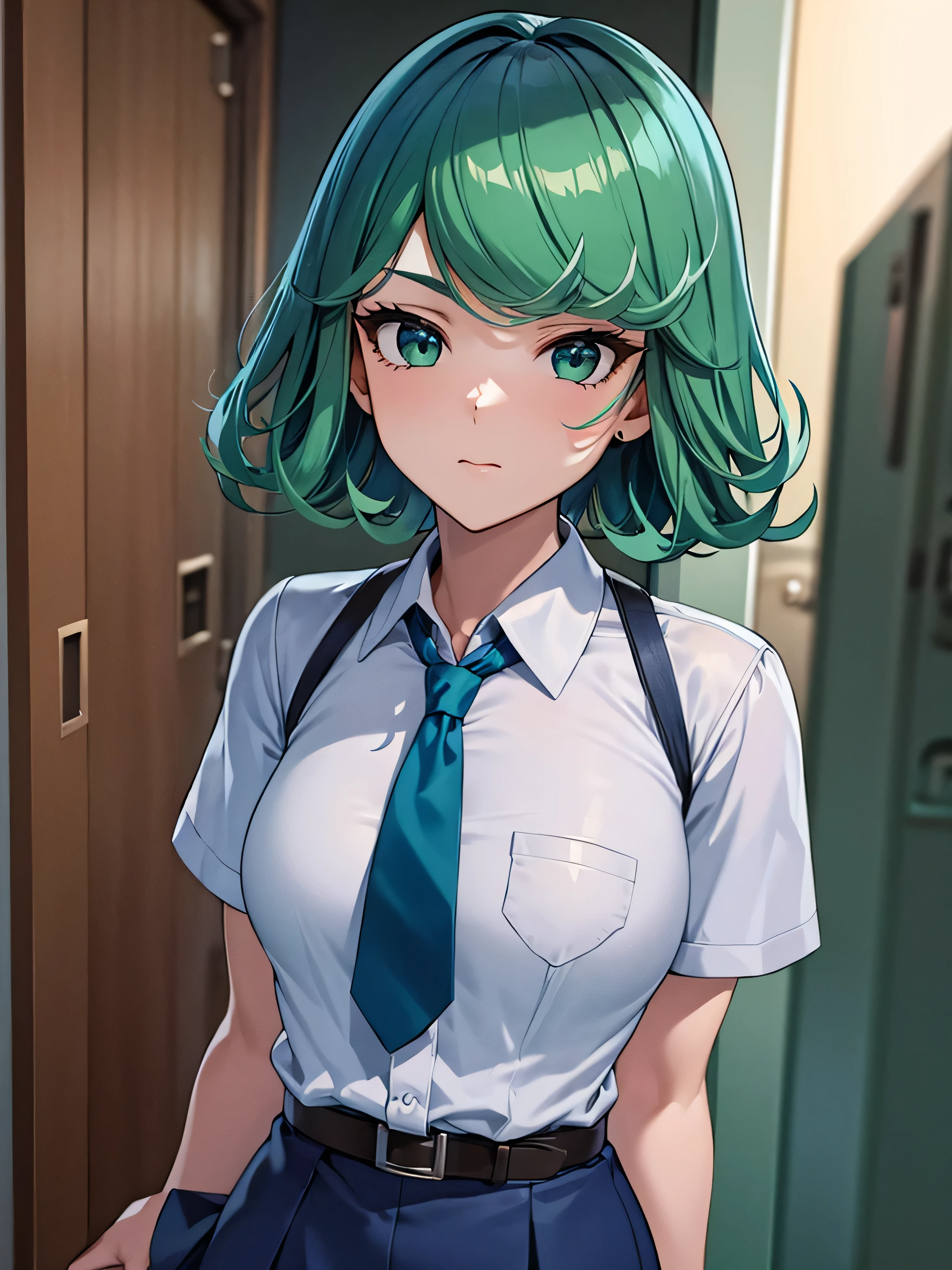 (high res, 8K, masterpiece, looking at viewer, best quality, very aesthetic, ultra detailed, ultra background, ultra Eyes) intricate details, 1girl, Tatsumaki, short sleeved white shirt, Light Blue Gray short skirt, Pockets on the left chest, Blue Gray tie, Wearing a belt, green short hair, green eyes, Normal Face, Background School Hallway, Cinematic Angle