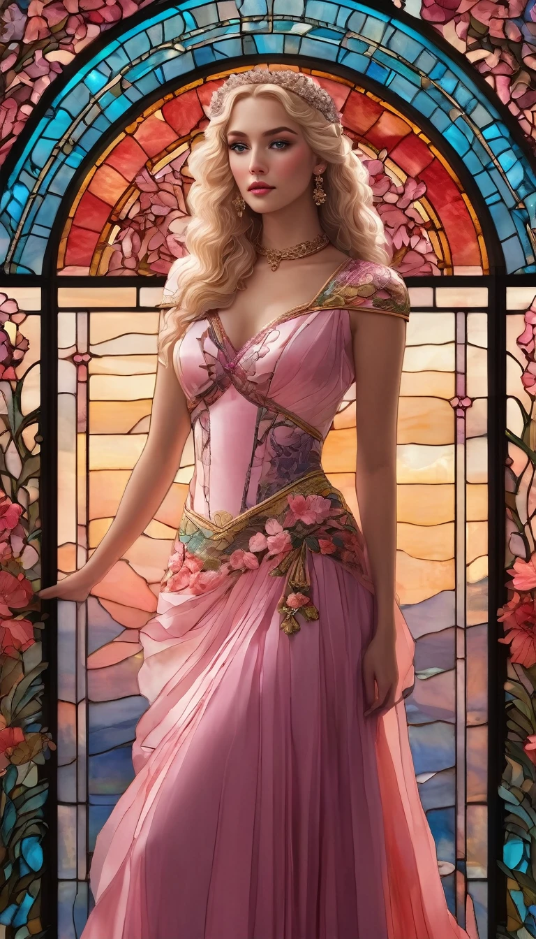 A woman in stunning full body, beautiful detailed eyes, beautiful detailed lips, extremely detailed eyes and face, long eyelashes, beautiful young woman, tiara on curly and tied up blonde hair, dressed in long chiffon dress with coral floral print, low cut and falling on the shoulders , colorful art nouveau style stained glass background, photorealistic, 8k, highly detailed, in dynamic pose, fashion, masterpiece, cinematic lighting, dramatic lighting, shades of pink hues, vibrant colors, fantasy art.