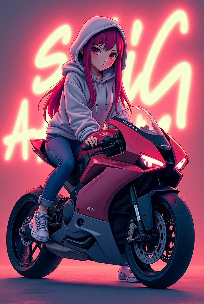 A anime girl who is sitting on a R1 bike.She is wearing a hoddy and his name is written in the background. And his name is Sadia Afrin