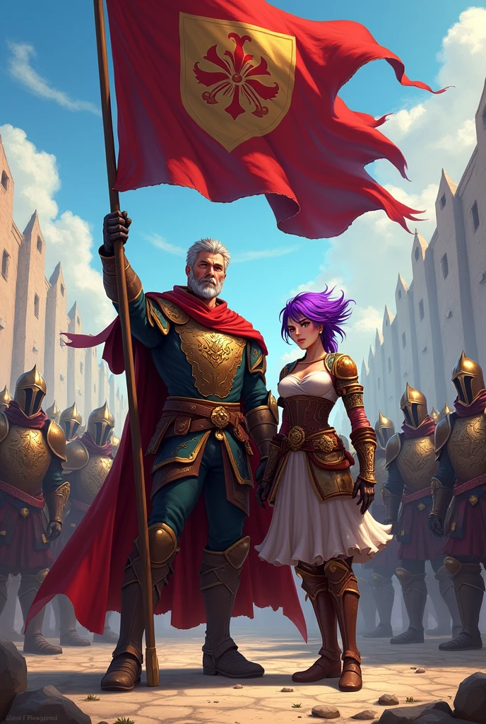 A man and a woman with purple hair leading a guild, holding a flag of his guild with the word Plunderes in his hands and behind him his army of warriors
