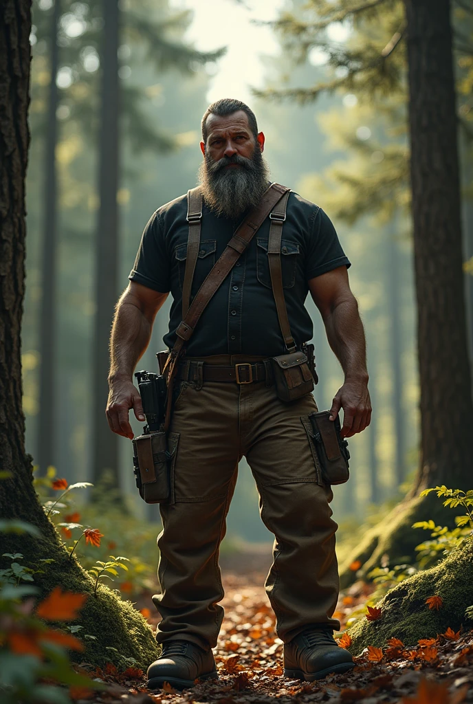 A lumberjack in the forest, with beard, realistic styling, high resolution, trees behind, with well-defined shadows ,dressed in pants and axe wearing a black shirt. 