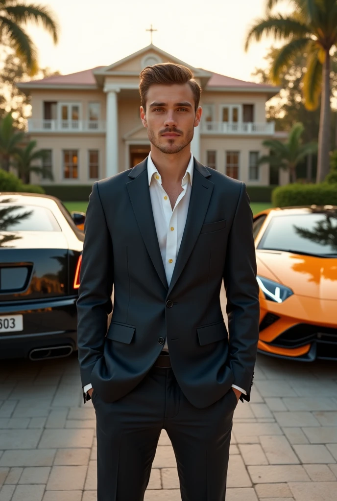 A handsome boy standing in front of his big house and rolls Royce and Lamborghini car 
