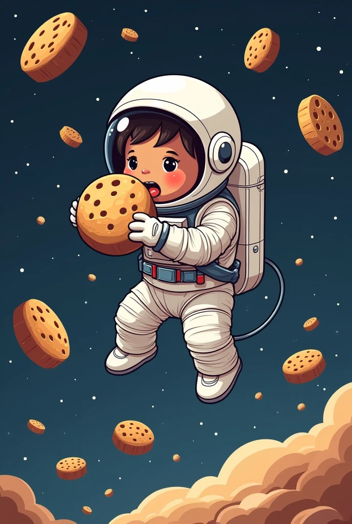 A logo of an astronaut eating a cookie and asteroids in the shape of bread