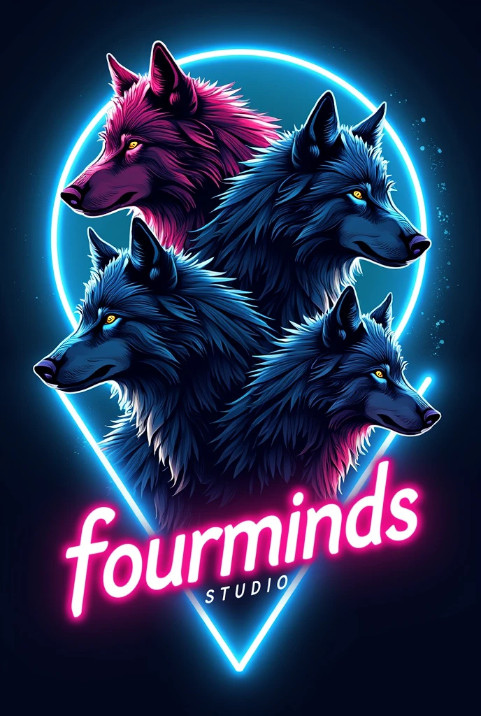 Four wolves in a neon-colored logo that says FourMindsStudio in a blue neon. The perfect name was missing, just as blue as a wolf. Now with the name, the letter with a different style, more urban, much more streetwise. Put some style into it, try hard. I don't like any other one.