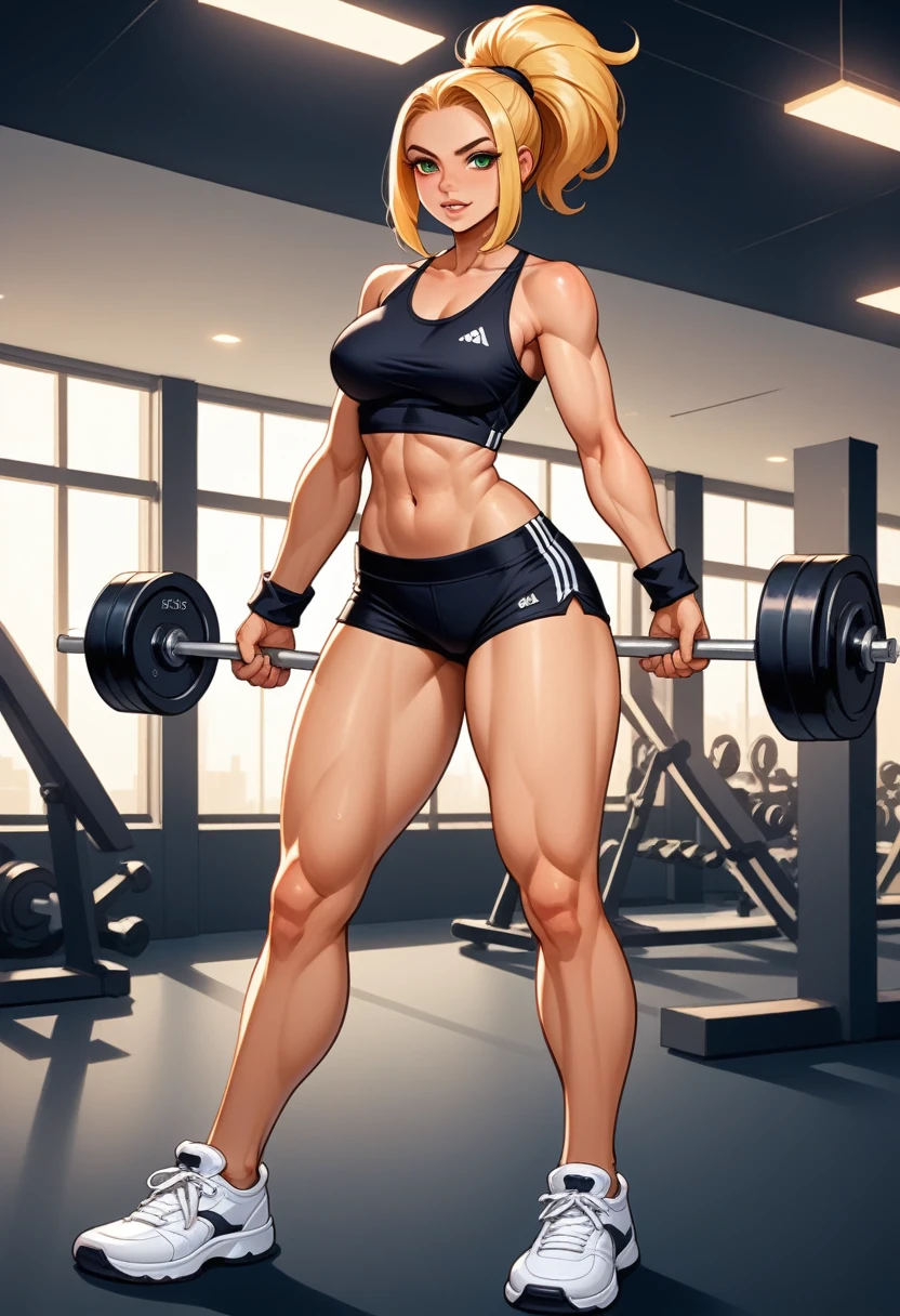 (Great quality, ultra detali, HD, 8k, 16K), ((whole body)), (fully body), gorgeous woman, woman, Short woman of 1,5 meters, Round face, (shorth hair), blonde hair with highlights, hair tied in a ponytail, greeneyes, eyes large, detailedeyes, Caucasian skin, skin fair, smallbreast, (breasts small), Waist slender, big-ass, (very thick legs), short, thick legs, shinny body, sweaty body,
((fitness clothing, black leagwear)), mini shorts, micro shorts, black short shorts, little black top, very small, neckleace, Show shoulders, show arms, show belly, show legs, White sneakers, shoes white shoes,
Training bodybuilding with dumbbells, in gym, fitness, training pose, sensuous, great lighting, fine strokes, Great quality, expression of tiredness, pushing,