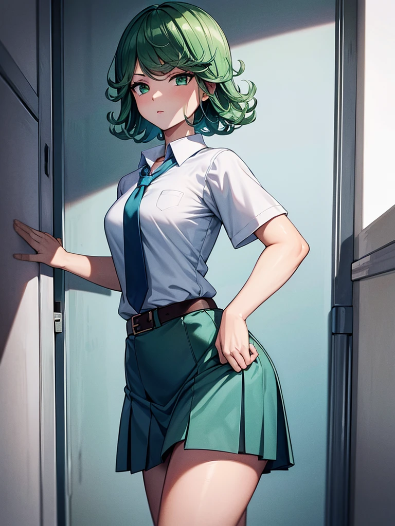 (high res, 8K, masterpiece, looking at viewer, best quality, very aesthetic, ultra detailed, ultra background, ultra Eyes) intricate details, 1girl, Tatsumaki, short sleeved white shirt, Light Blue Gray short skirt, Pockets on the left chest, Blue Gray tie, Wearing a belt, green short hair, green eyes, Normal Face, Background School Hallway, Cinematic Angle