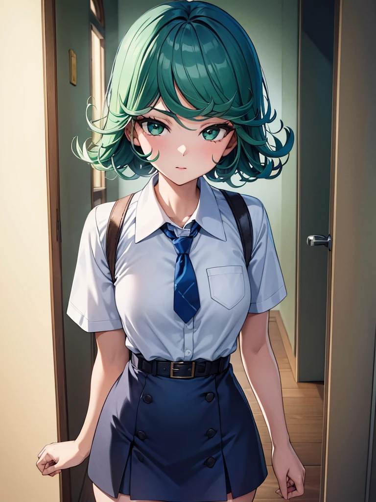 (high res, 8K, masterpiece, looking at viewer, best quality, very aesthetic, ultra detailed, ultra background, ultra Eyes) intricate details, 1girl, Tatsumaki, short sleeved white shirt, Light Blue Gray short skirt, Pockets on the left chest, Blue Gray tie, Wearing a belt, green short hair, green eyes, Normal Face, Background School Hallway, Cinematic Angle
