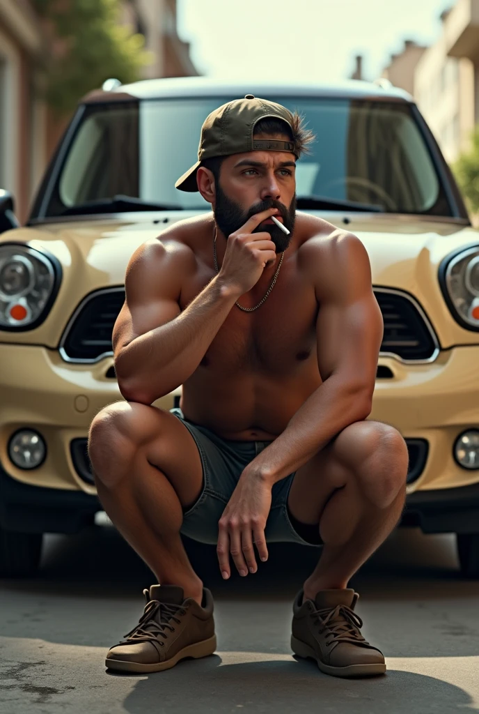 Create a picture of a young man. The man has a short dark beard and dark short hair. The man has a cap on. The man is wearing shorts. The man smokes a cigarette. The man has an angular face. The man kneels in the Russian squat in front of a Mini Countryman car. The car Mini countryman is beige.The man looks forward.