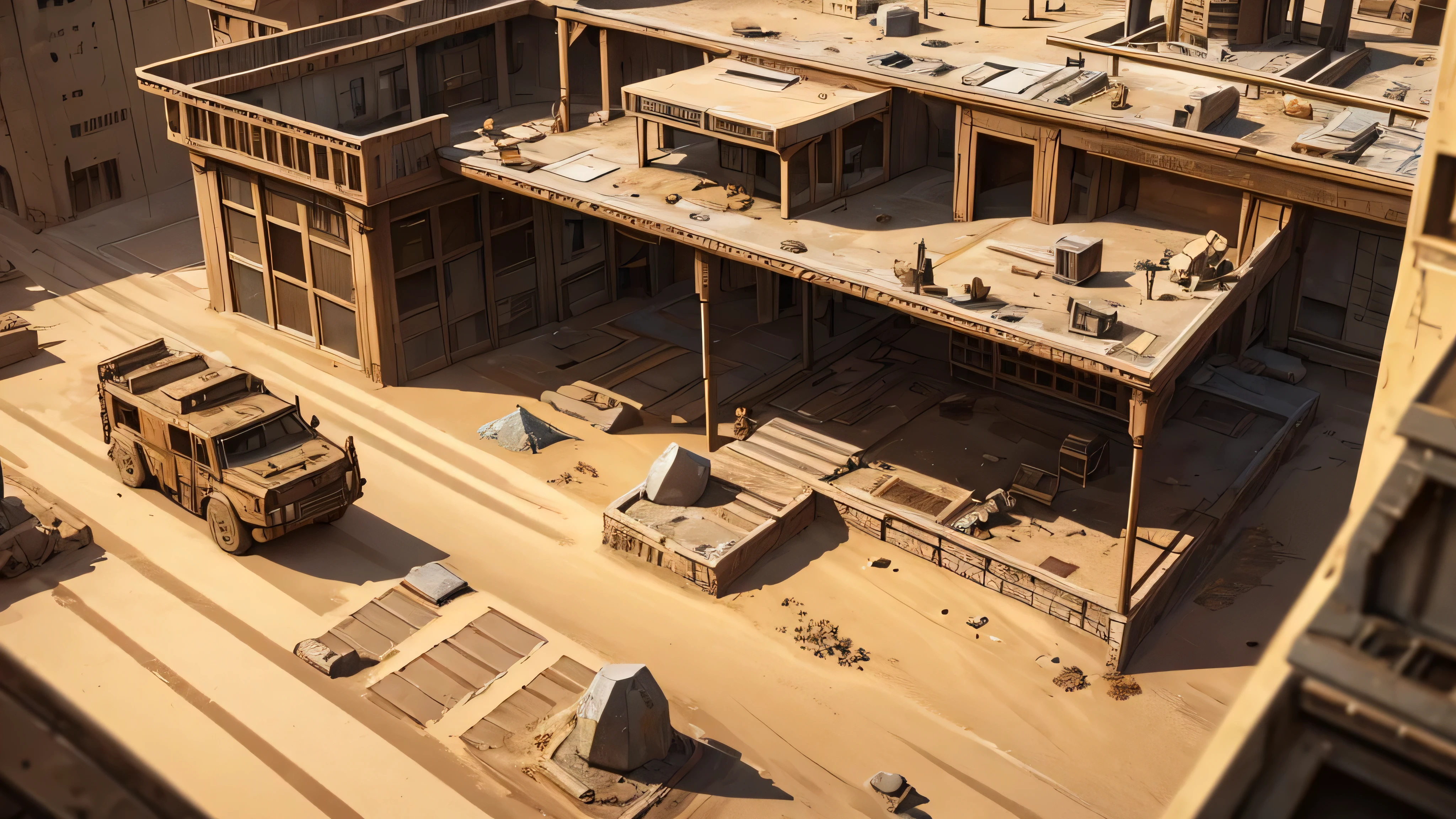 Make a TABLETOP RPG scenario. viewed from the top. Scenery of a street. Desert biome, dry and arid. Sand-toned colors. abandoned futuristic city.