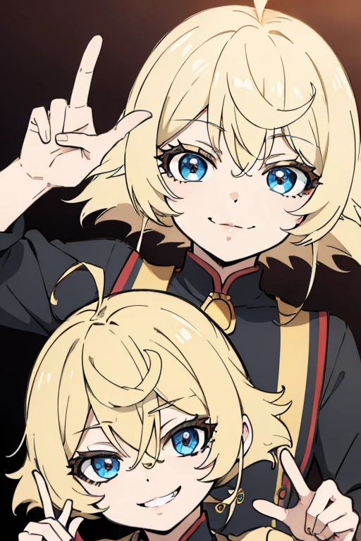listen、blonde hair、toothy smile、point finger、