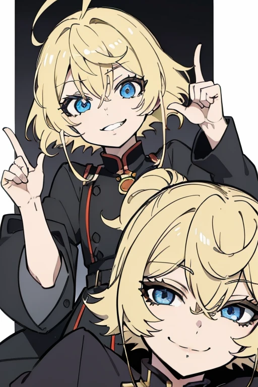 listen、blonde hair、toothy smile、point finger、