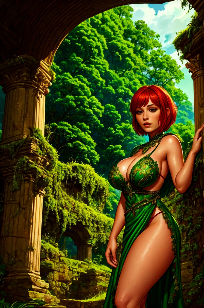 druidess wearing a green dress made of leaves and red panties, reddish bobcut hair, gorgeous woman, ancient overgrown stone ruins, low-angle shot, tomboy, moss clothes