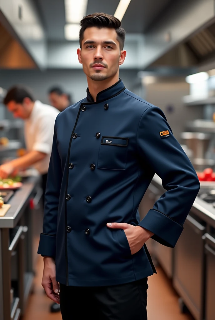 Navy blue chef's uniform with black details
