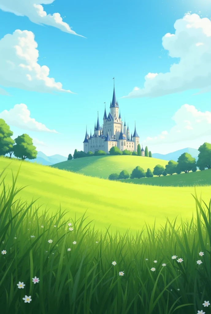 Sunny day Landscape with grass and castle on the hill at the back