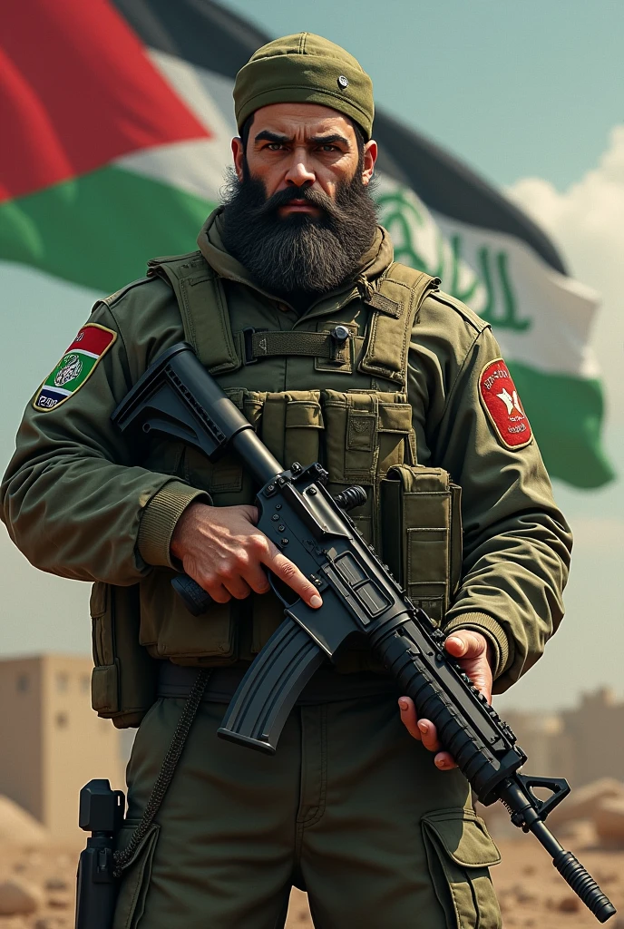Create an image like Hamas army with gun with beard with missile . in the background set "Islamic khalima"
name in the flag with arabic.
