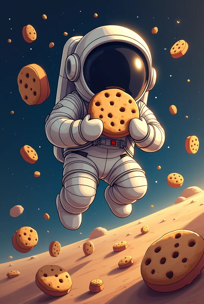 A logo of an astronaut eating a cookie and asteroids in the shape of bread
