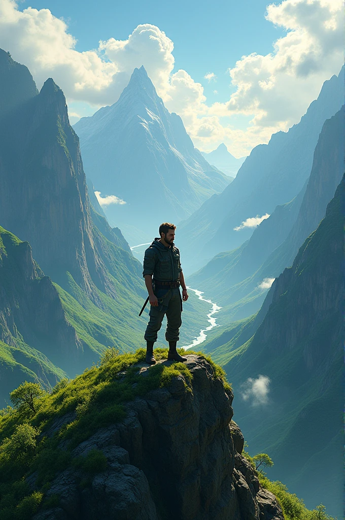 A man standing above green mountains