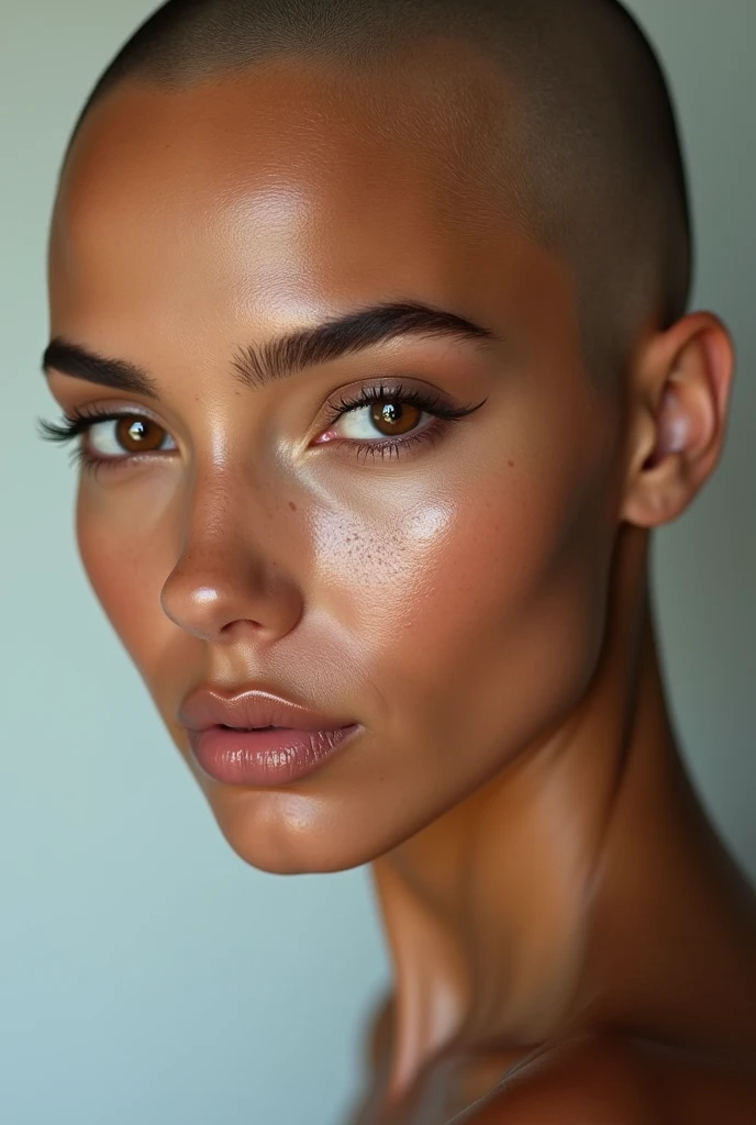photorealism, hot bald woman, pinterest woman, 4k, ultra realistic, skin texture, pores, photorealistic, model, hyper realistic, RAW photo, photography, gorgeous, face close up, in focus, staring straight forward, light skin hispanic woman