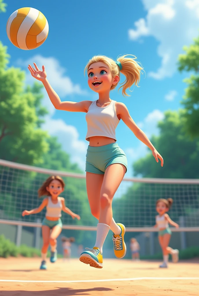  Blonde  girl playing volleyball in high waist soft spandex shorts 