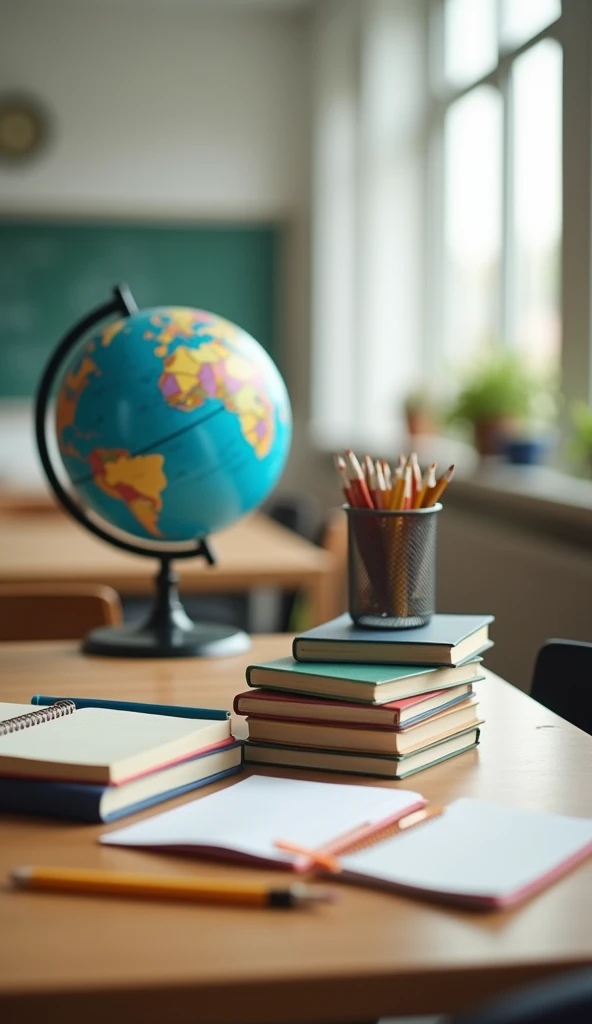 Back to School Themed Backdrop with Neatly Organized Table, stacked books, globe and pencil holder on soft blurred background of classroom. Best quality, masterpiece, ultra high resolution,