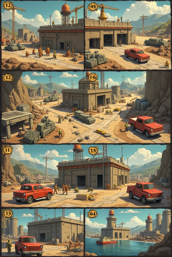 Create art in the form of game board cards: infrastructure construction, military base construction, supply construction, port construction, electrical plant construction.