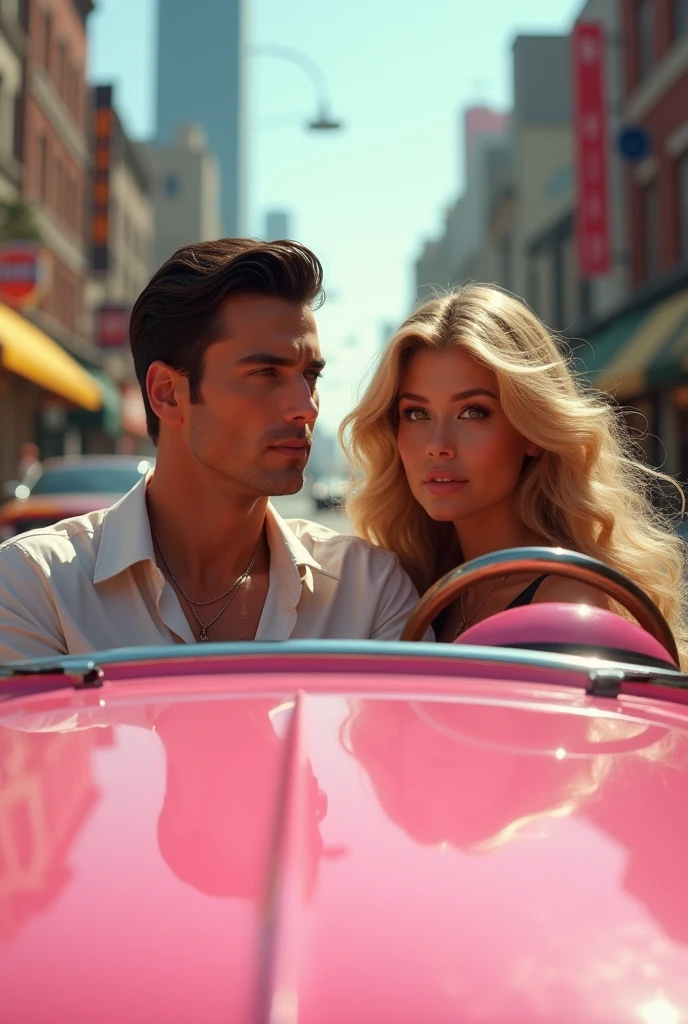 Perfect taller and handsome man with short straight dark hair drive pink convertible sport pink car with perfect beautiful so much long super long curly blonde hair girl sit beside home in the sport convertible car driving around the big town