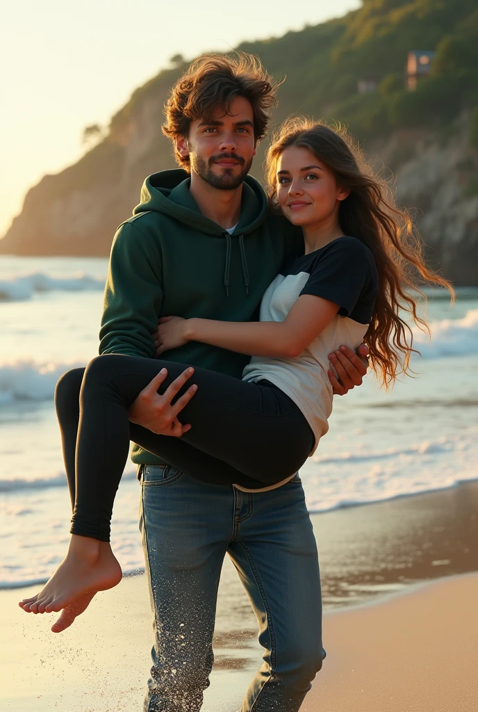 A teenager boy who wears a dark green colour hoodie and blue colour denim pant with little beard lifting and carrying a teenager girl who wears a black and white colour t shirt and black pant in his hands realistic in beach side