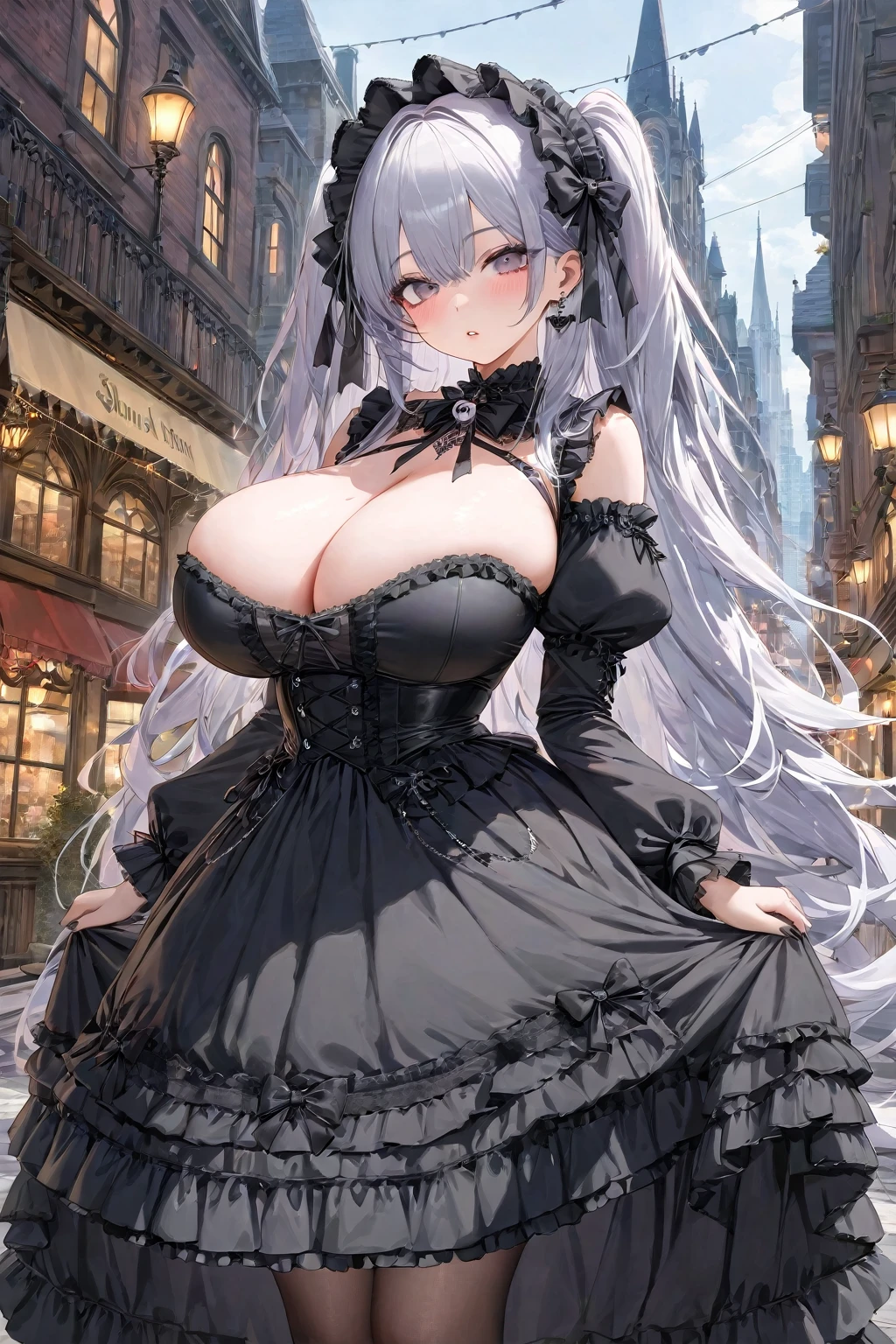 (masterpiece), best quality, highly detailed, absurdres, 1girl, huge breasts, (gothic ta:1.2), long hair, city,