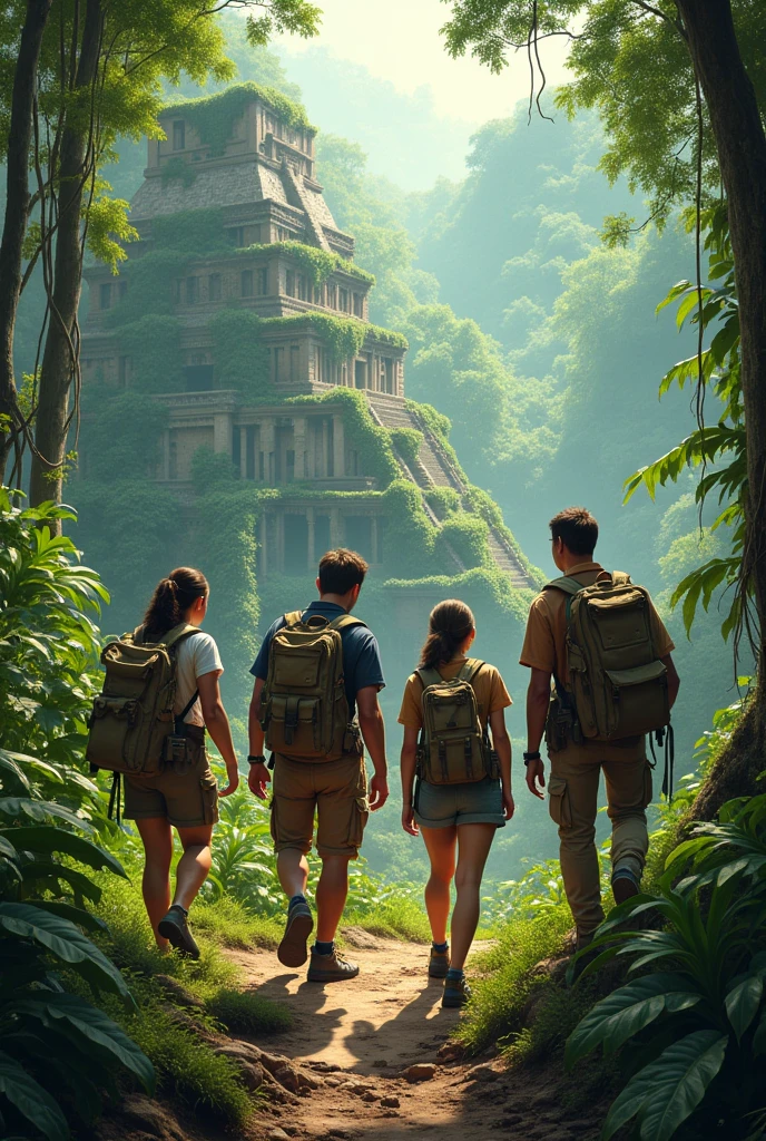 Create an image of 4 archaeologists in a lost city in the Amazon rainforest, a woman and 3 men