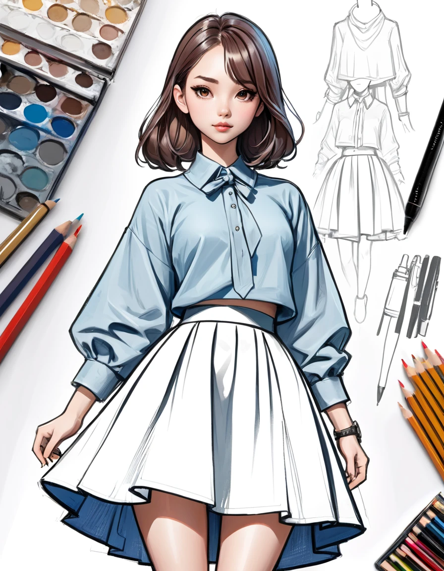 character concept design, line art，clothing design sketch，a skirt，High quality illustrationtiz，meticuloso，pencil drawing，pen painting，