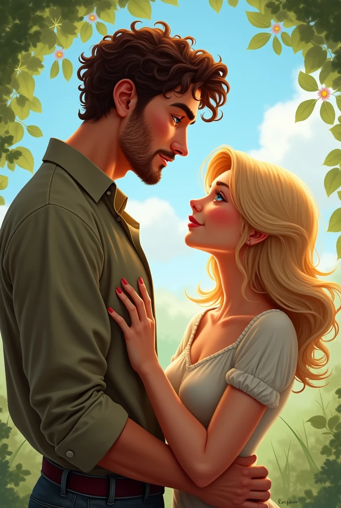 
 Generate a fair, tall medium masculine man with curly hair and a fair straight haired short woman