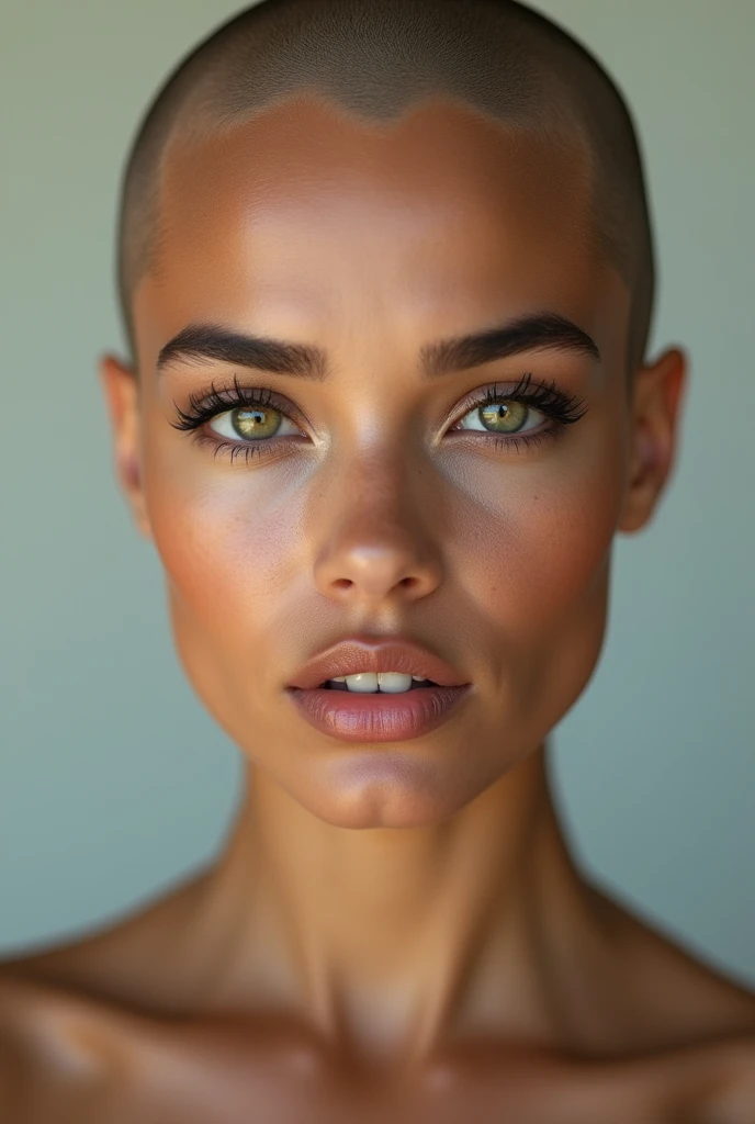 photorealism, hot bald woman, pinterest woman, 4k, ultra realistic, skin texture, pores, photorealistic, model, hyper realistic, RAW photo, photography, gorgeous, face close up, in focus, staring straight forward, facing forward, light skin hispanic woman
