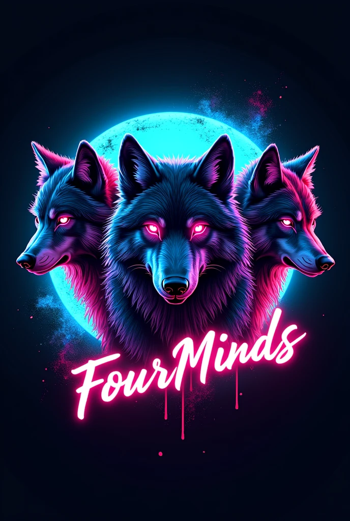 Four wolves in a neon-colored logo that says FourMindsStudio in blue neon. The perfect name was missing, just as blue as a wolf. Now with the name, the letter with a different style, more urban, much more streetwise. Give it some style, try hard. I don&#39;t like the other one with paint stains. Leave that one and add paint stains. 