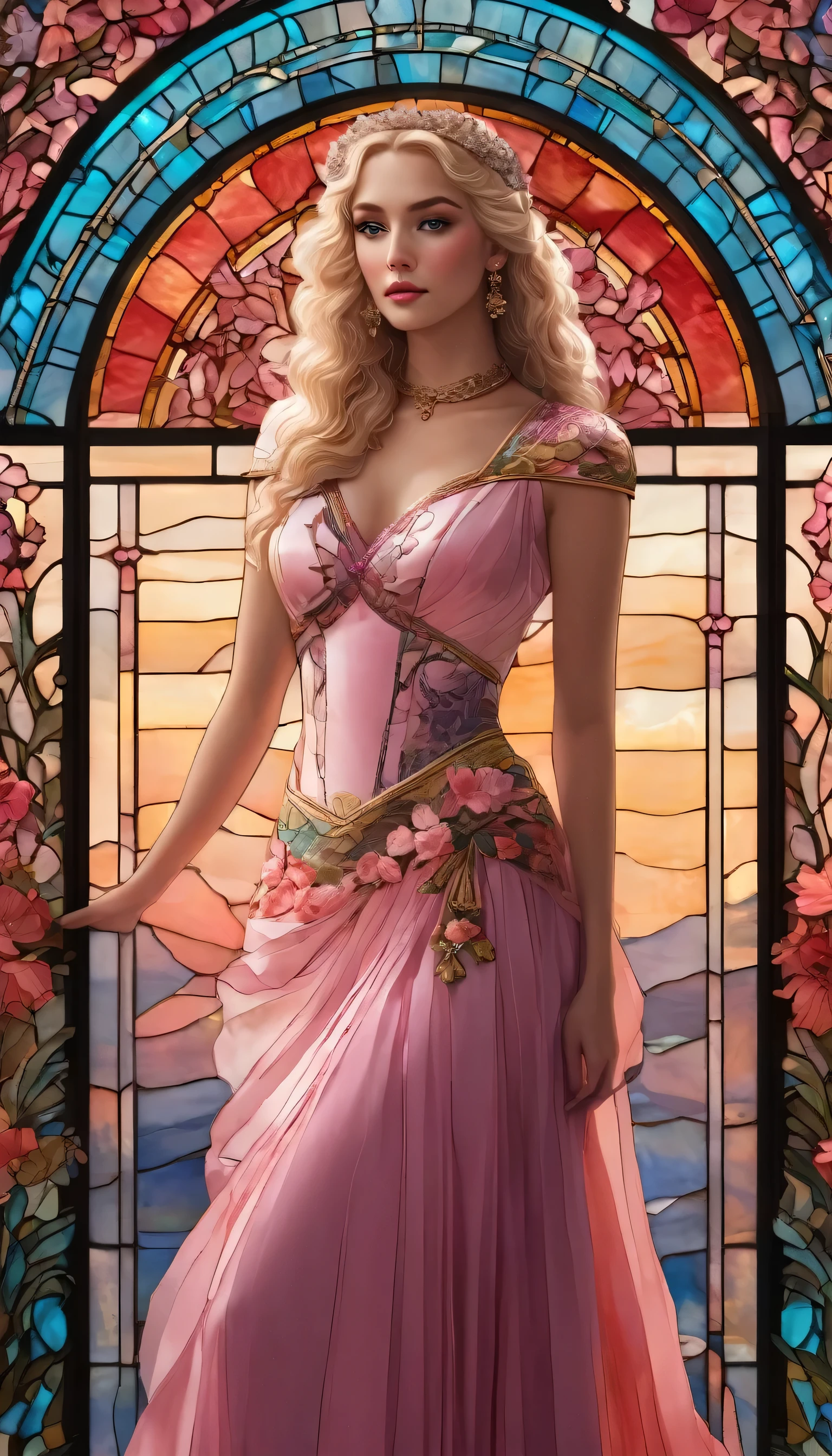 A woman in stunning full body, beautiful detailed eyes, beautiful detailed lips, extremely detailed eyes and face, long eyelashes, beautiful young woman, tiara on curly and tied up blonde hair, dressed in long chiffon dress with coral floral print, low cut and falling on the shoulders , colorful art nouveau style stained glass background, photorealistic, 8k, highly detailed, in dynamic pose, fashion, masterpiece, cinematic lighting, dramatic lighting, shades of pink hues, vibrant colors, fantasy art.