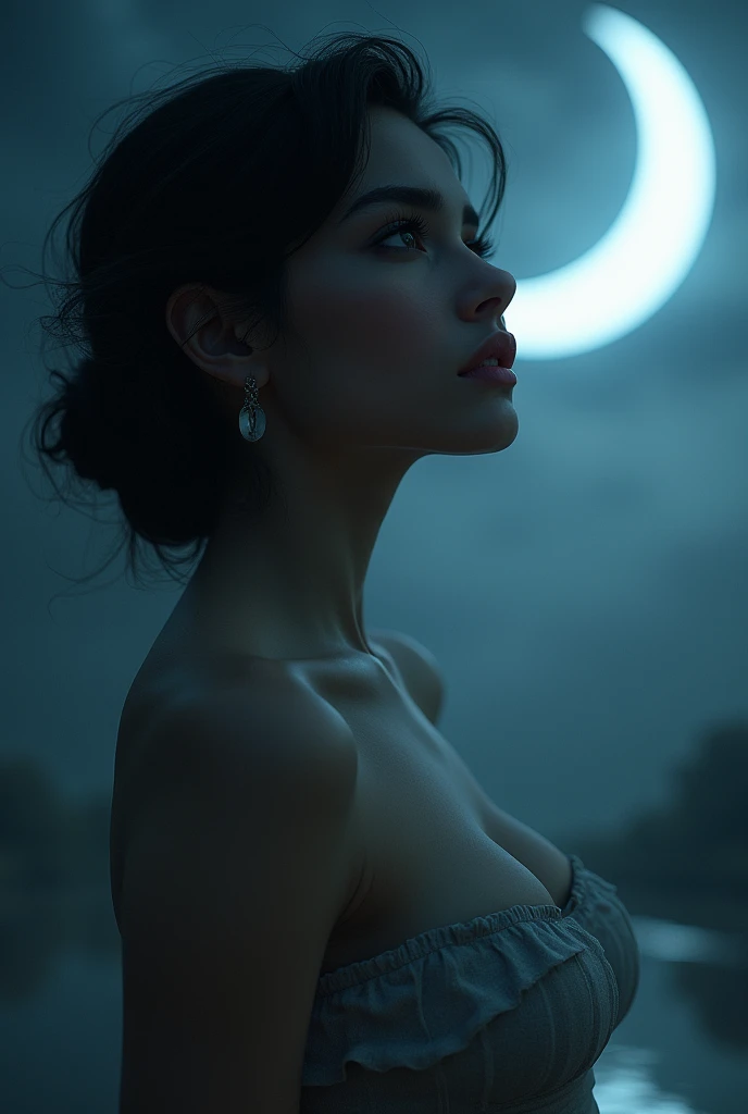 I want a picture of a girl with beautiful eyes and huge boobs looking to the moon