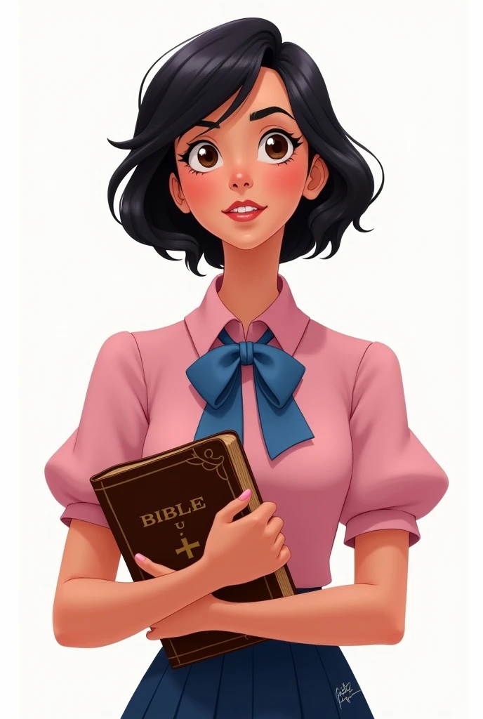 Disney type image Woman in navy blue skirt, pink blouse with blue bowtie, semi-short black hair with a bible in his hand with a white background 