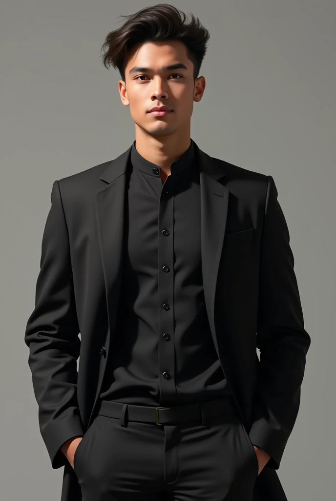 Young man in black suit with black kurta shirt 

