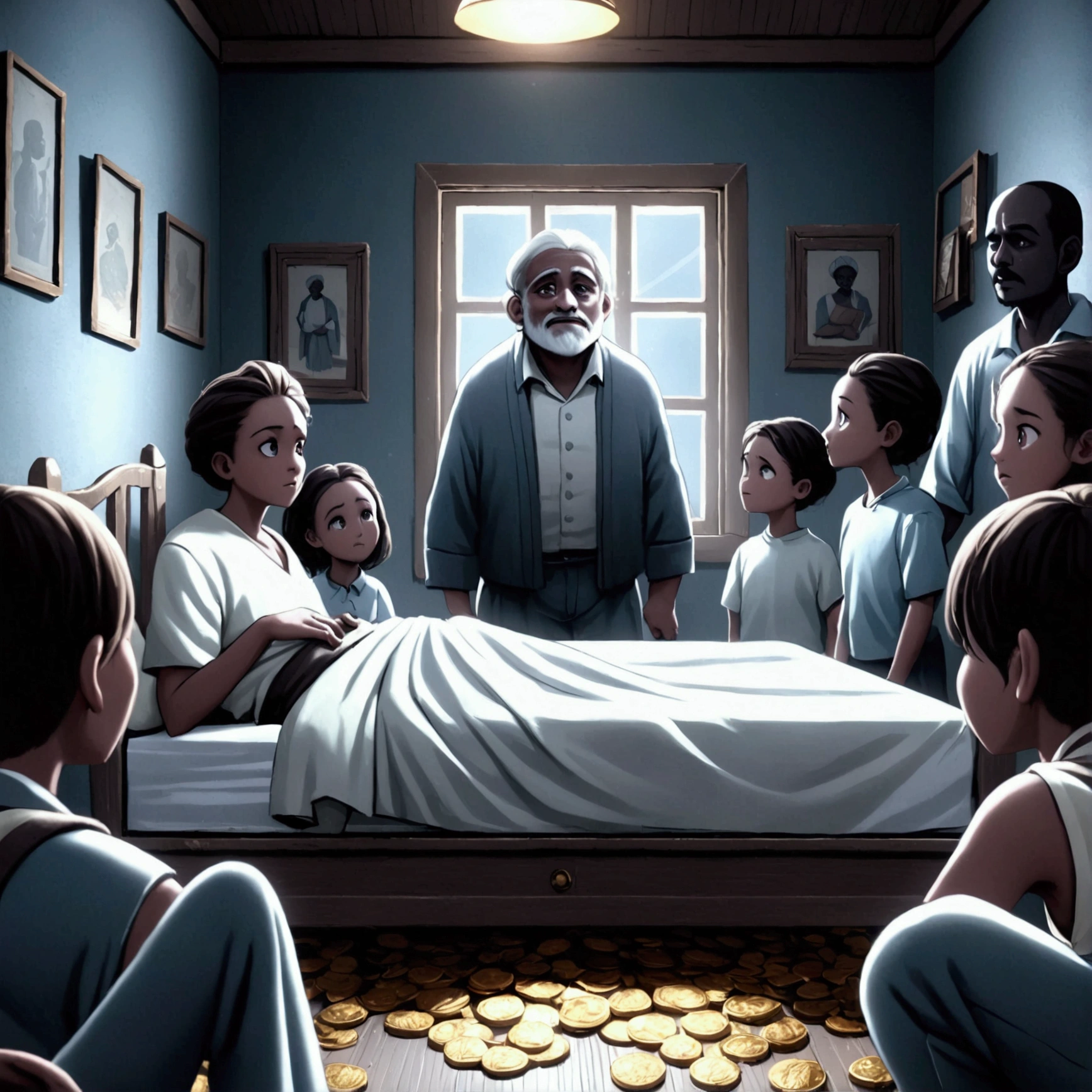 A black slave, stealthy air, discover gold coins and valuable objects hidden in a chest. The scene is dark, highlighting the betrayal. Text : After the death of Kabouya, the slave runs away...'