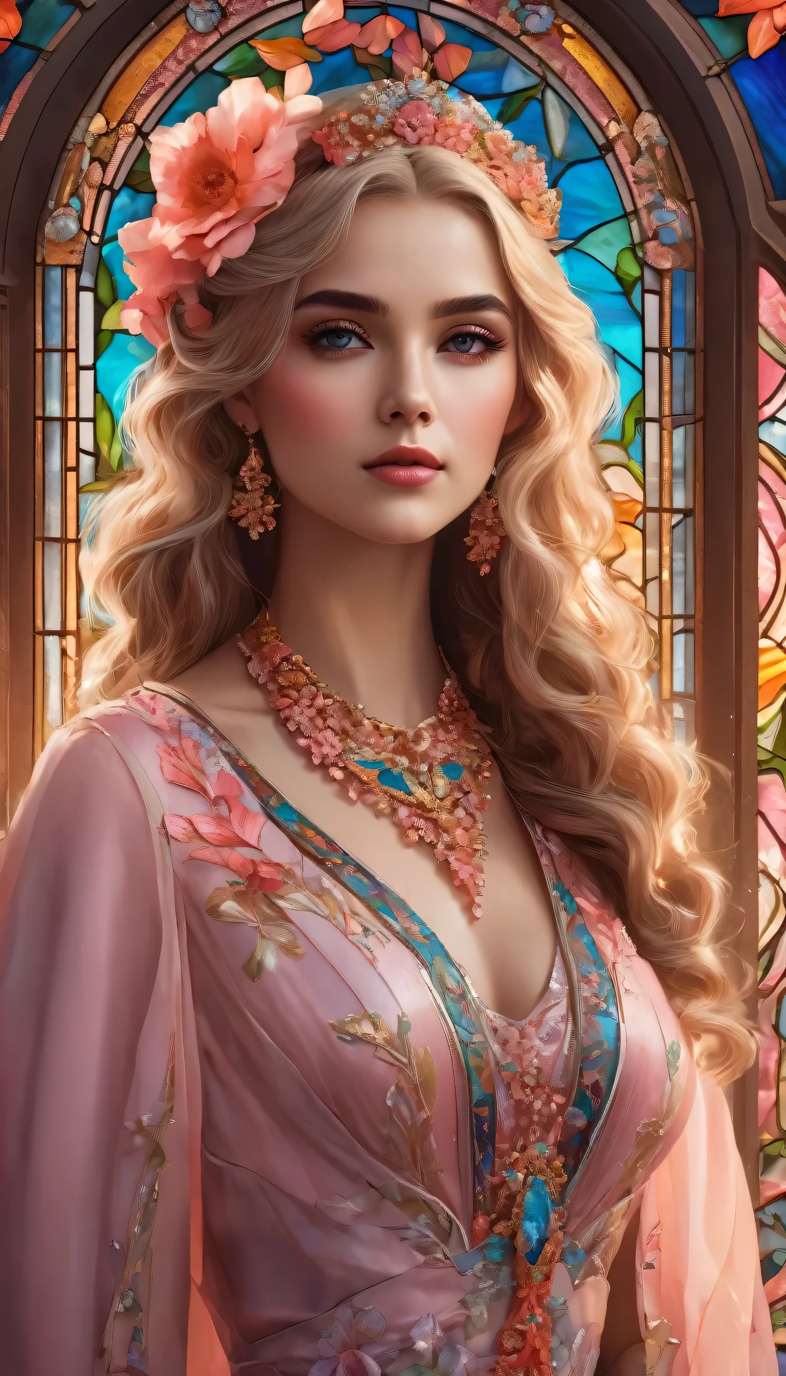 A woman in stunning full body, beautiful detailed eyes, beautiful detailed lips, extremely detailed eyes and face, long eyelashes, beautiful young woman, tiara on curly and tied up blonde hair, dressed in long chiffon dress with coral floral print, low cut and falling on the shoulders , colorful art nouveau style stained glass background, photorealistic, 8k, highly detailed, in dynamic pose, fashion, masterpiece, cinematic lighting, dramatic lighting, shades of pink hues, vibrant colors, fantasy art.