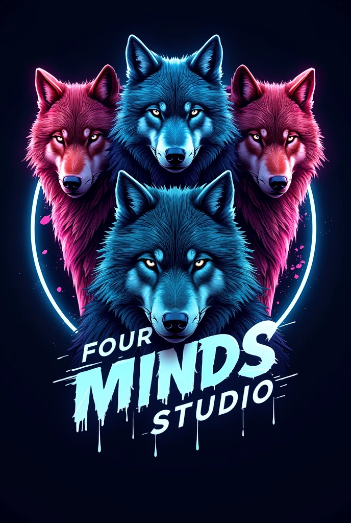 Four wolves in a neon-colored logo that says FourMindsStudio in blue neon. The perfect name was missing, just as blue as a wolf. Now with the name, the letter with a different style, more urban, much more streetwise. Give it some style, try hard. I don't like the other one with paint stains. Leave that one and add paint stains.