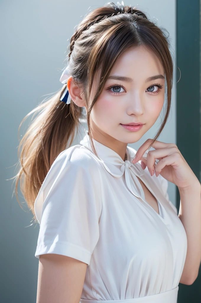((Highest quality)), ((masterpiece)), (detailed), (high ponytail), (Blonde), (Beautiful well-groomed girl:1.3), (ribbon:1.22), (pointy breasts), white dress, (snowy white skin), (Blushed:1.3), portrait, from side, looking back, (put index finger on mouth:1.1), Shy laugh, Half-open mouth, Shiny skin、Thin eyebrows, girl,独奏,highly detailed beautiful face and eyes