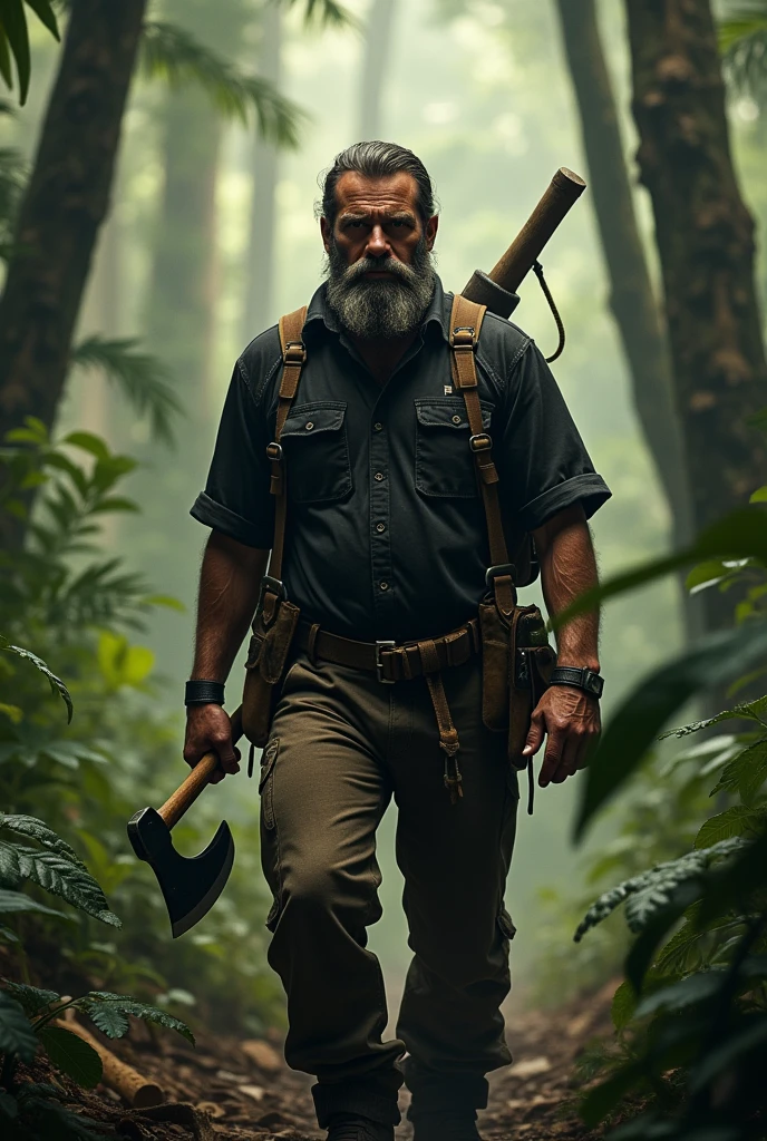 A lumberjack in the Amazon rainforest, with beard, realistic styling, high resolution, trees behind, with well-defined shadows ,dressed in pants and axe wearing a black shirt, looking in disguise 